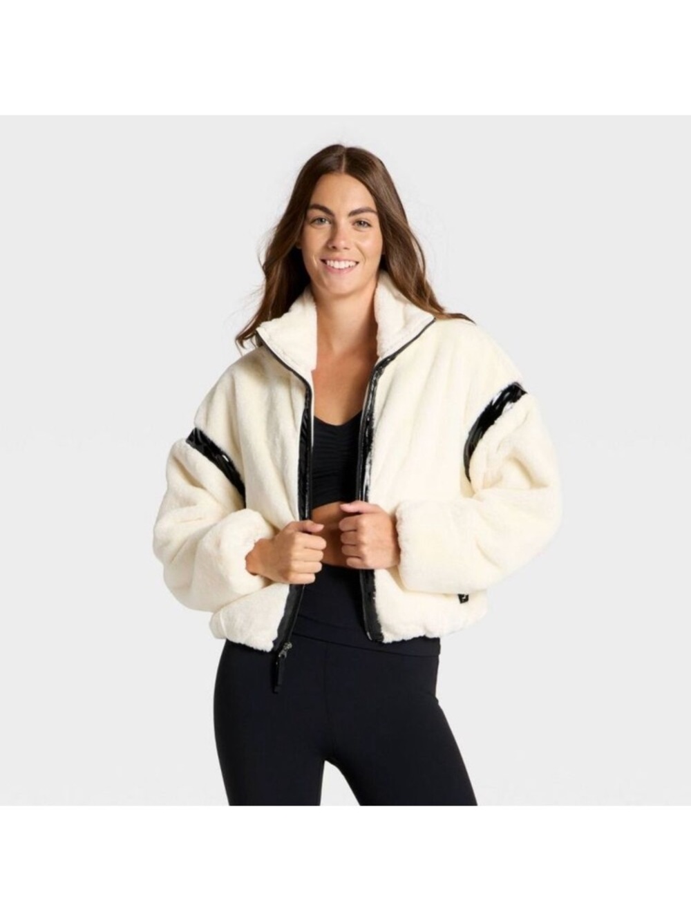 NWT JoyLab cream with black fleece jacket Size M perfect crop $5 quick ship
